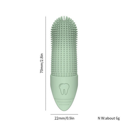 Mint green cat toothbrush with measurements on a white background