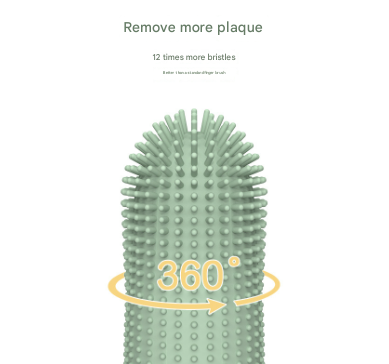 Green dental brush with bristle count and 360-degree design on a white background