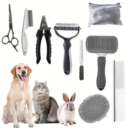 Collection of grey pet grooming tools with a dog, cat, and rabbit on a white background.