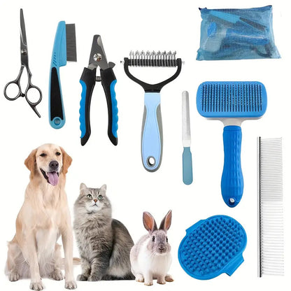 Blue pet grooming tools including scissors, brushes, and combs with a dog, cat, and rabbit on a white background.