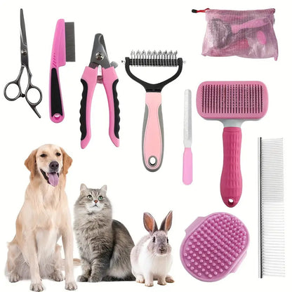 Collection of pink pet grooming tools with a dog, cat, and rabbit on a white background.