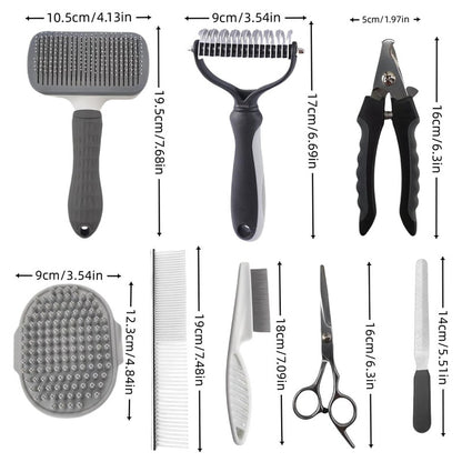 Set of pet grooming tools with measurements on a white background