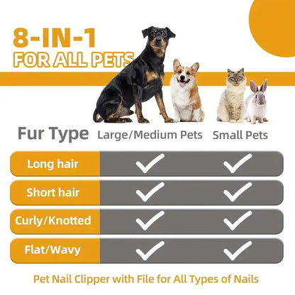 Product advertisement for a 8-IN-1 pet nail clipper with file, featuring images of a dog, cat, and rabbit.