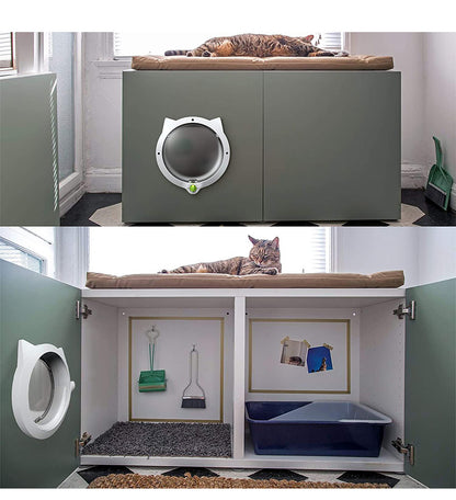Modular pet furniture with a cat door installed, a cat lying on top and a litter box inside.