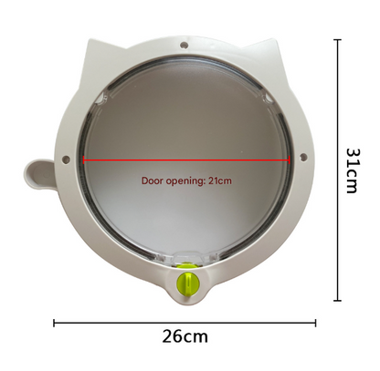 Round pet door with measurements on a white background
