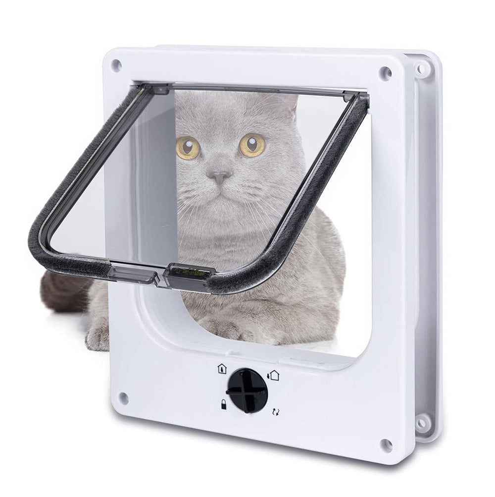 Cat using a pet door on a white background