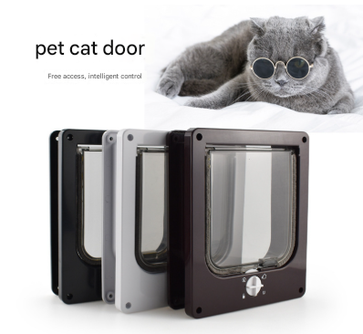 Pet cat door with a cat wearing sunglasses on a white background