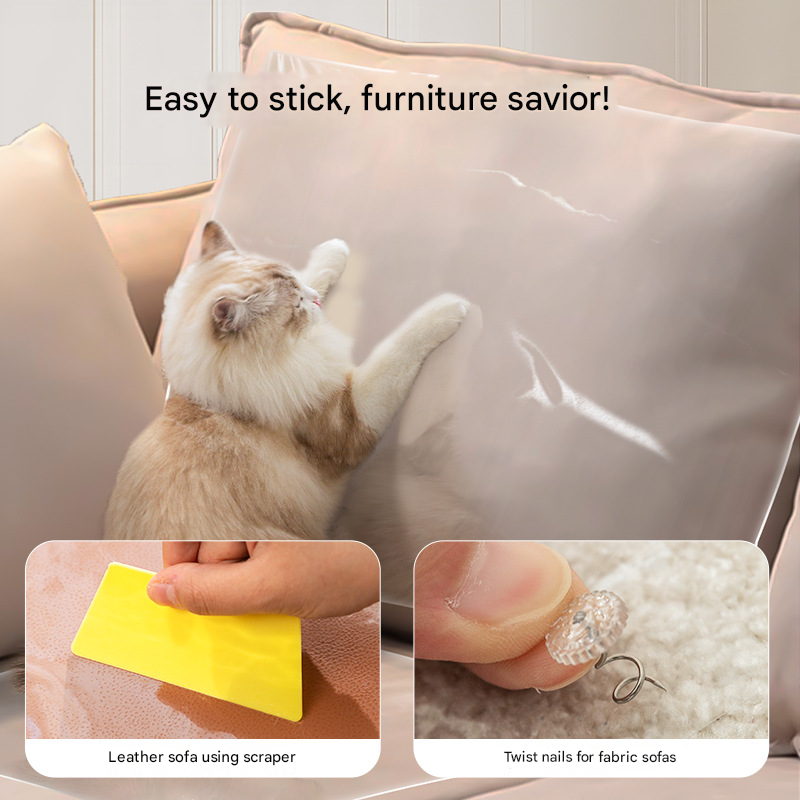 Cat on a couch with text 'Easy to stick, furniture savior!' and images of a scraper and twist nails.