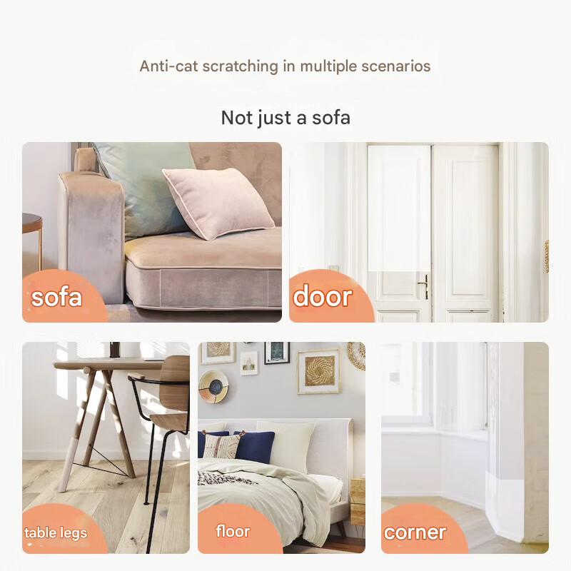 Collage of scenarios showing anti-cat scratching products on various surfaces.