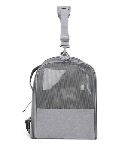 Grey cat carrier with a transparent front panel on a white background