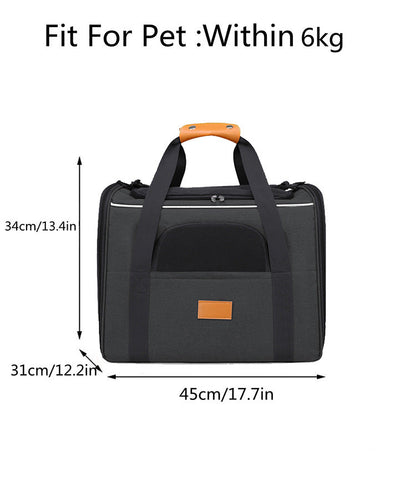 Black cat carrier with dimensions and weight capacity on a white background