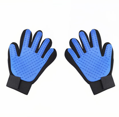 Pair of blue grooming gloves with black cuffs on a white background