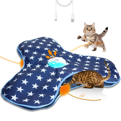 Cat playing with an Interactive Play Tunnel & Hunting Cover in a Dark Blue star-patterned mat with orange lights and USB cable.