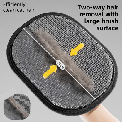 Hair removal brush with text indicating two-way hair removal and large brush surface.