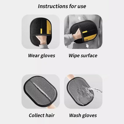 Instructions for using a hair removal device with images of wearing gloves, wiping surface, collecting hair, and washing gloves.