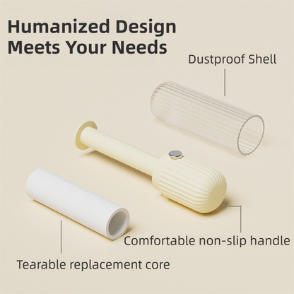 Lint roller with labelled features on a beige background