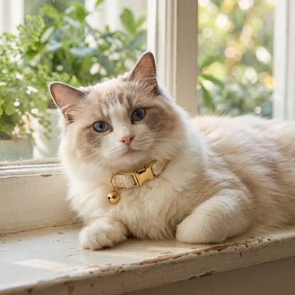 S Size White Chic Tweed Pet Collar - Polyester with Gold Bell and Adjustable Buckle - Soft Lightweight Neckwear for Cats and Small Dogs, 16-26cm Fit