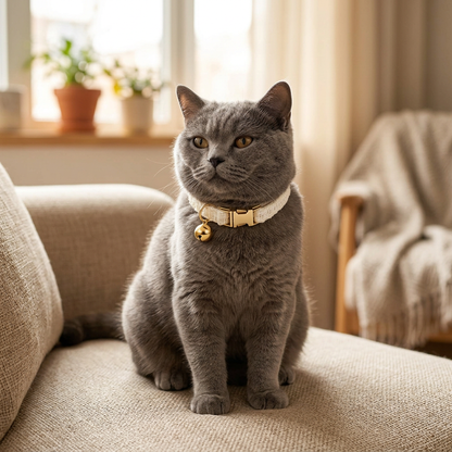 S Size White Chic Tweed Pet Collar - Polyester with Gold Bell and Adjustable Buckle - Soft Lightweight Neckwear for Cats and Small Dogs, 16-26cm Fit
