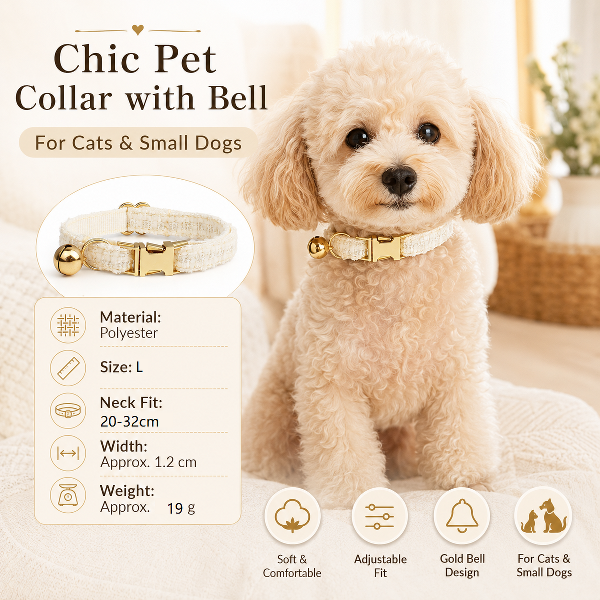 L Size White Chic Tweed Pet Collar - Polyester with Gold Bell and Adjustable Buckle - Soft Lightweight Neckwear for Cats and Small Dogs, 20-32cm Fit