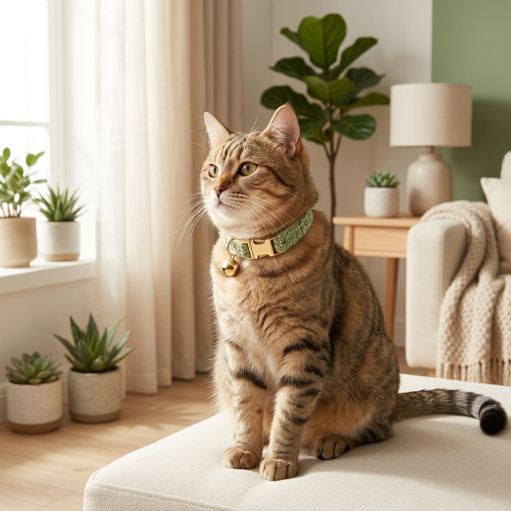 S Size Green Chic Tweed Pet Collar - Polyester with Gold Bell and Adjustable Buckle - Soft Lightweight Neckwear for Cats and Small Dogs, 16-26cm Fit