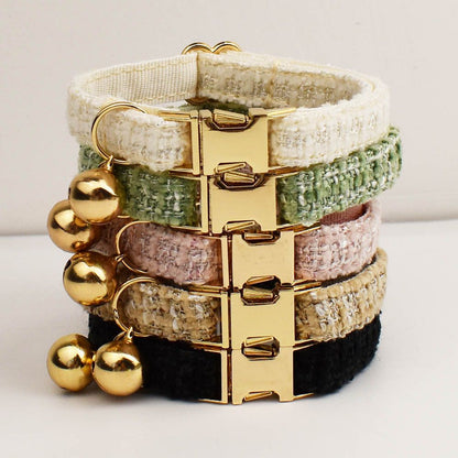 S Size Green Chic Tweed Pet Collar - Polyester with Gold Bell and Adjustable Buckle - Soft Lightweight Neckwear for Cats and Small Dogs, 16-26cm Fit