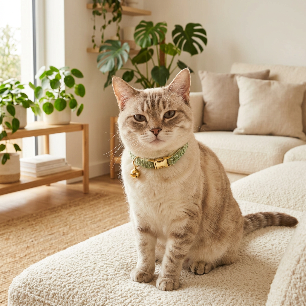 L Size Green Chic Tweed Pet Collar - Polyester with Gold Bell and Adjustable Buckle - Soft Lightweight Neckwear for Cats and Small Dogs, 20-32cm Fit