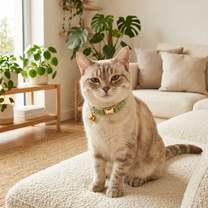 L Size Green Chic Tweed Pet Collar - Polyester with Gold Bell and Adjustable Buckle - Soft Lightweight Neckwear for Cats and Small Dogs, 20-32cm Fit