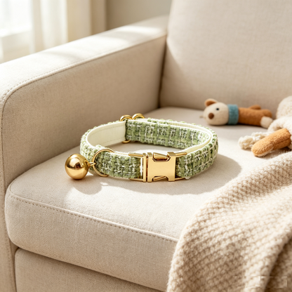 L Size Green Chic Tweed Pet Collar - Polyester with Gold Bell and Adjustable Buckle - Soft Lightweight Neckwear for Cats and Small Dogs, 20-32cm Fit