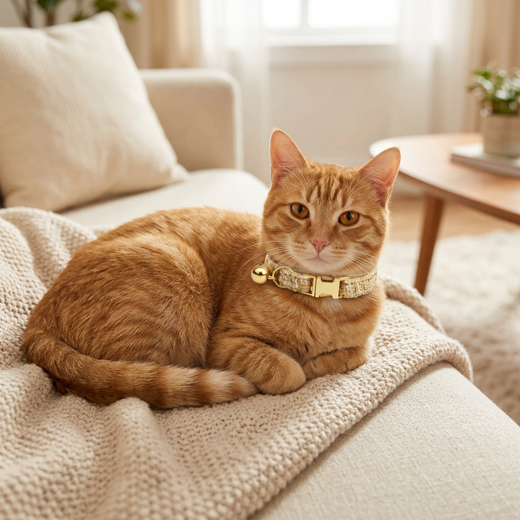 S Size Khaki Chic Tweed Pet Collar - Polyester with Gold Bell and Adjustable Buckle - Soft Lightweight Neckwear for Cats and Small Dogs, 16-26cm Fit
