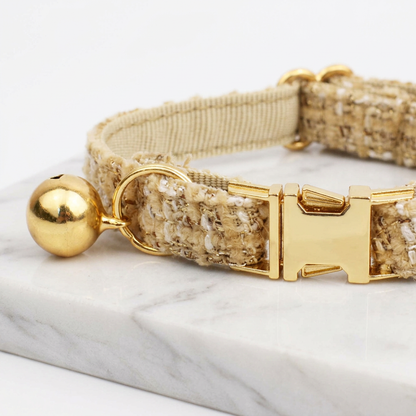 S Size Khaki Chic Tweed Pet Collar - Polyester with Gold Bell and Adjustable Buckle - Soft Lightweight Neckwear for Cats and Small Dogs, 16-26cm Fit