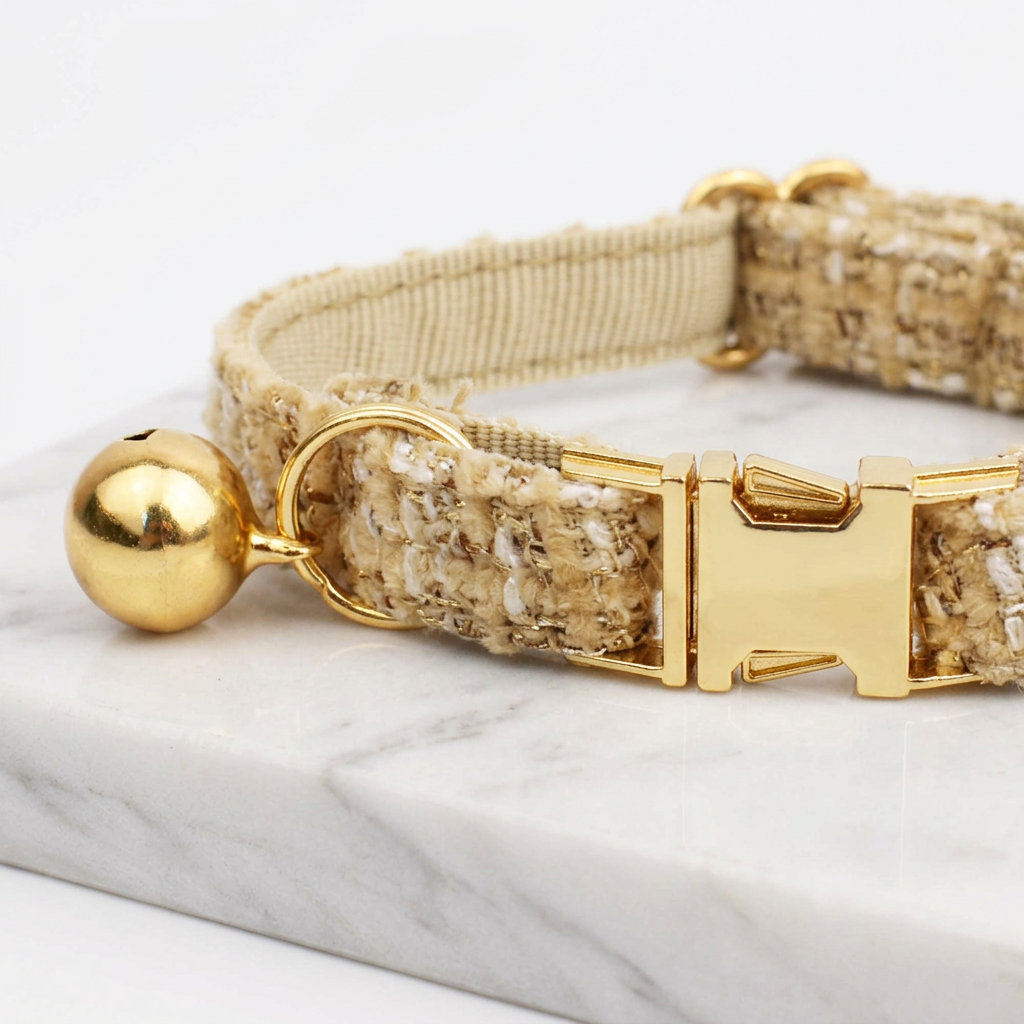 L Size Khaki Chic Tweed Pet Collar - Polyester with Gold Bell and Adjustable Buckle - Soft Lightweight Neckwear for Cats and Small Dogs, 20-32cm Fit