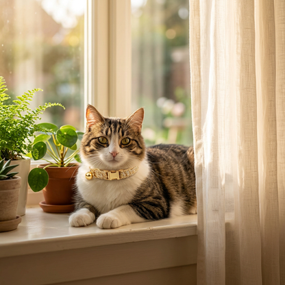 L Size Khaki Chic Tweed Pet Collar - Polyester with Gold Bell and Adjustable Buckle - Soft Lightweight Neckwear for Cats and Small Dogs, 20-32cm Fit