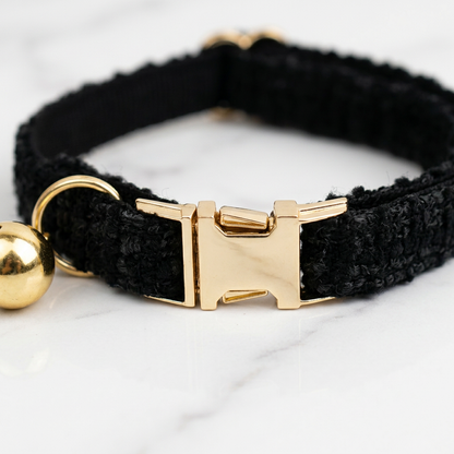 S Size Black Chic Tweed Pet Collar - Polyester with Gold Bell and Adjustable Buckle - Soft Lightweight Neckwear for Cats and Small Dogs, 16-26cm Fit