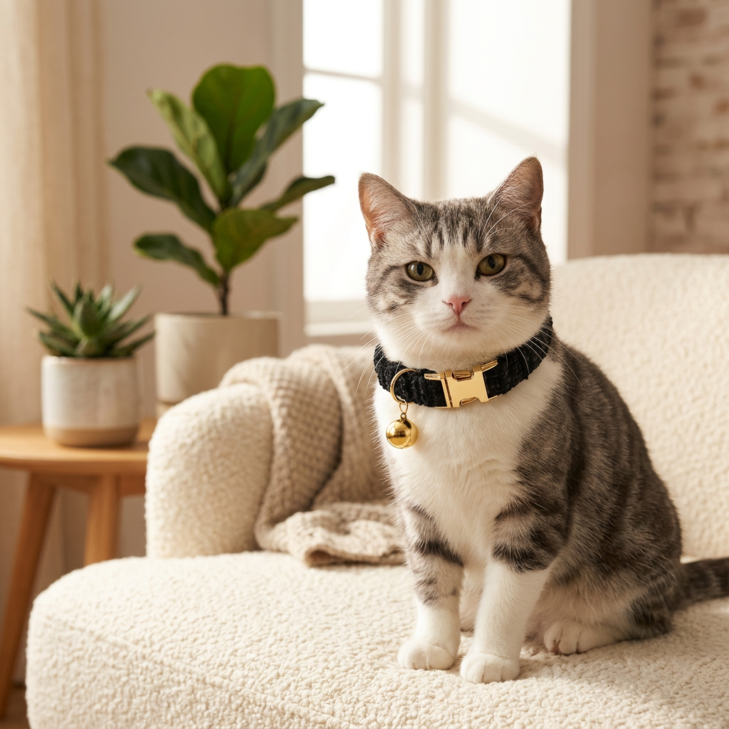 S Size Black Chic Tweed Pet Collar - Polyester with Gold Bell and Adjustable Buckle - Soft Lightweight Neckwear for Cats and Small Dogs, 16-26cm Fit