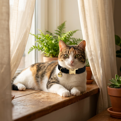 S Size Black Chic Tweed Pet Collar - Polyester with Gold Bell and Adjustable Buckle - Soft Lightweight Neckwear for Cats and Small Dogs, 16-26cm Fit