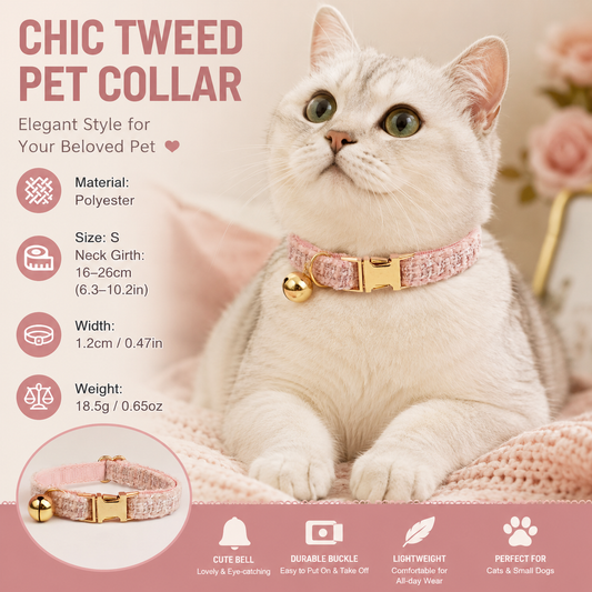 S Size Pink Chic Tweed Pet Collar - Polyester with Gold Bell and Adjustable Buckle - Soft Lightweight Neckwear for Cats and Small Dogs, 16-26cm Fit