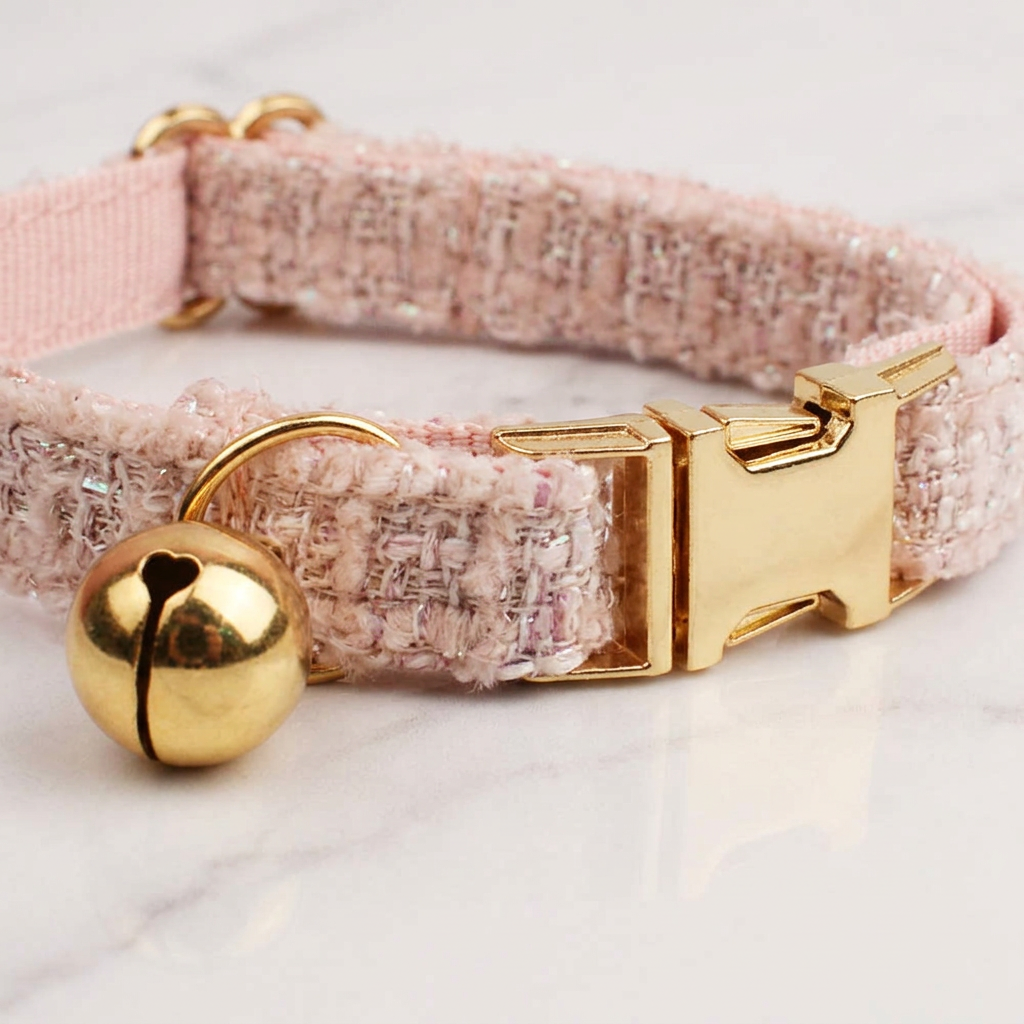 S Size Pink Chic Tweed Pet Collar - Polyester with Gold Bell and Adjustable Buckle - Soft Lightweight Neckwear for Cats and Small Dogs, 16-26cm Fit