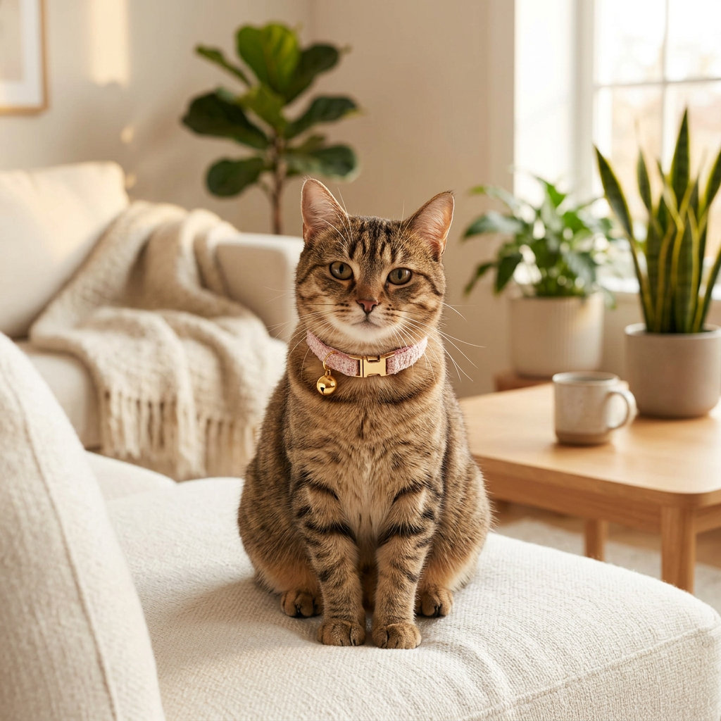 S Size Pink Chic Tweed Pet Collar - Polyester with Gold Bell and Adjustable Buckle - Soft Lightweight Neckwear for Cats and Small Dogs, 16-26cm Fit