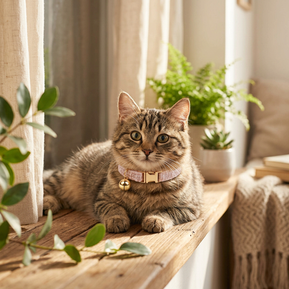 S Size Pink Chic Tweed Pet Collar - Polyester with Gold Bell and Adjustable Buckle - Soft Lightweight Neckwear for Cats and Small Dogs, 16-26cm Fit