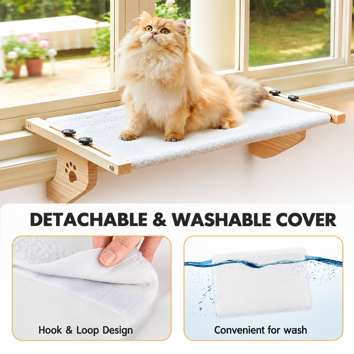 24.4 x 15" Cat Window Perch Hammock with Removable Washable Fleece Cover - Widely Adjustable Frame to Fit Various Window