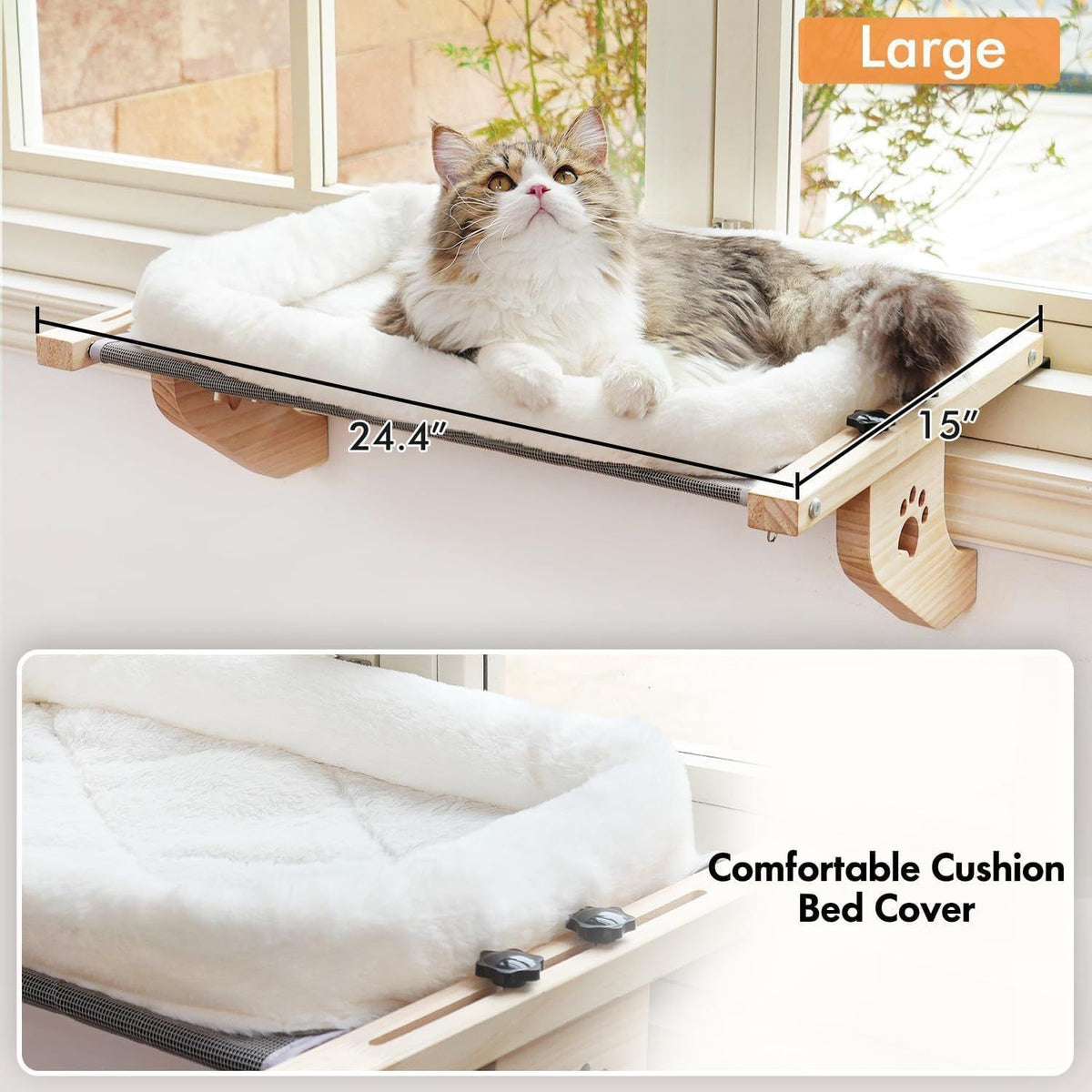 24.4 x 15" Cat Window Perch Hammock with Removable Washable Fleece Cover - Widely Adjustable Frame to Fit Various Window