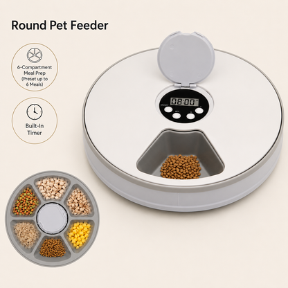Round automatic pet feeder with a digital timer display and six compartments filled with different kibble types, shown on a light beige background with feature callout icons.