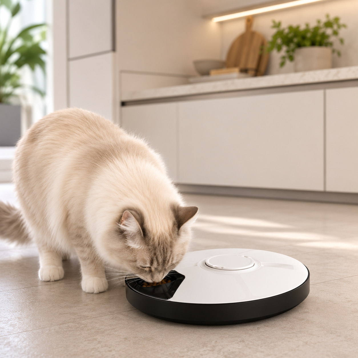 A fluffy cream-colored cat with gray ears and paws is eating from a round black and white automatic pet feeder on a light gray tiled floor in a modern kitchen setting.