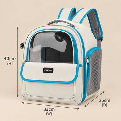 A pet carrier backpack shown on a plain beige background with dimension arrows and labels indicating height 40cm, width 33cm, and depth 25cm. The backpack is off-white with bright blue trim and grey mesh side panels.