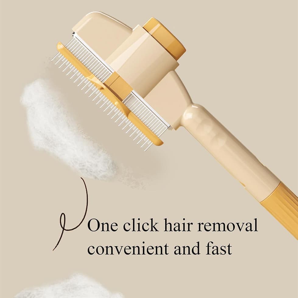 Hair removal tool with text 'One click hair removal convenient and fast' on a beige background