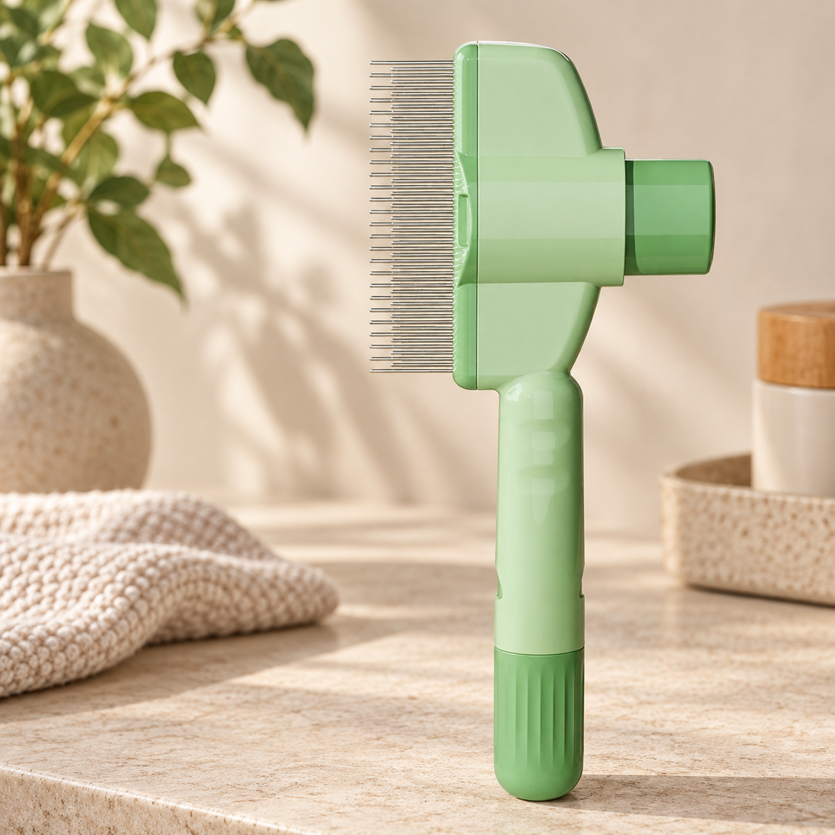 A mint green pet grooming brush with metal teeth stands upright on a light stone countertop. The background features a softly blurred beige wall, a potted plant, a textured cream towel, and a small jar, creating a warm, clean, and natural setting.