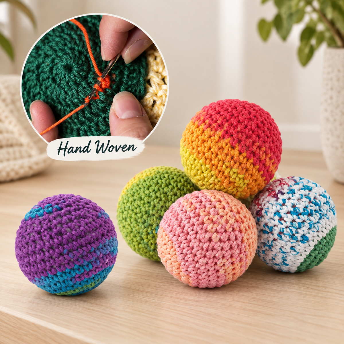 Five hand-woven crochet balls in assorted colors arranged on a light wood surface, with a circular inset showing a close-up of the hand-woven process.