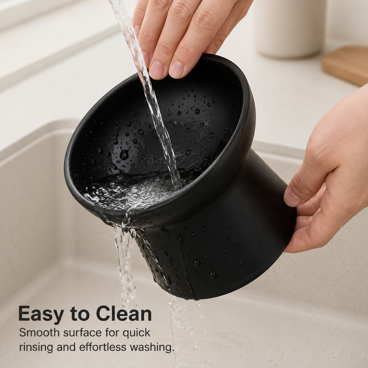 A black elevated feeding bowl being held by two hands under running water in a sink, with text at the bottom reading 'Easy to Clean' and 'Smooth surface for quick rinsing and effortless washing.'.