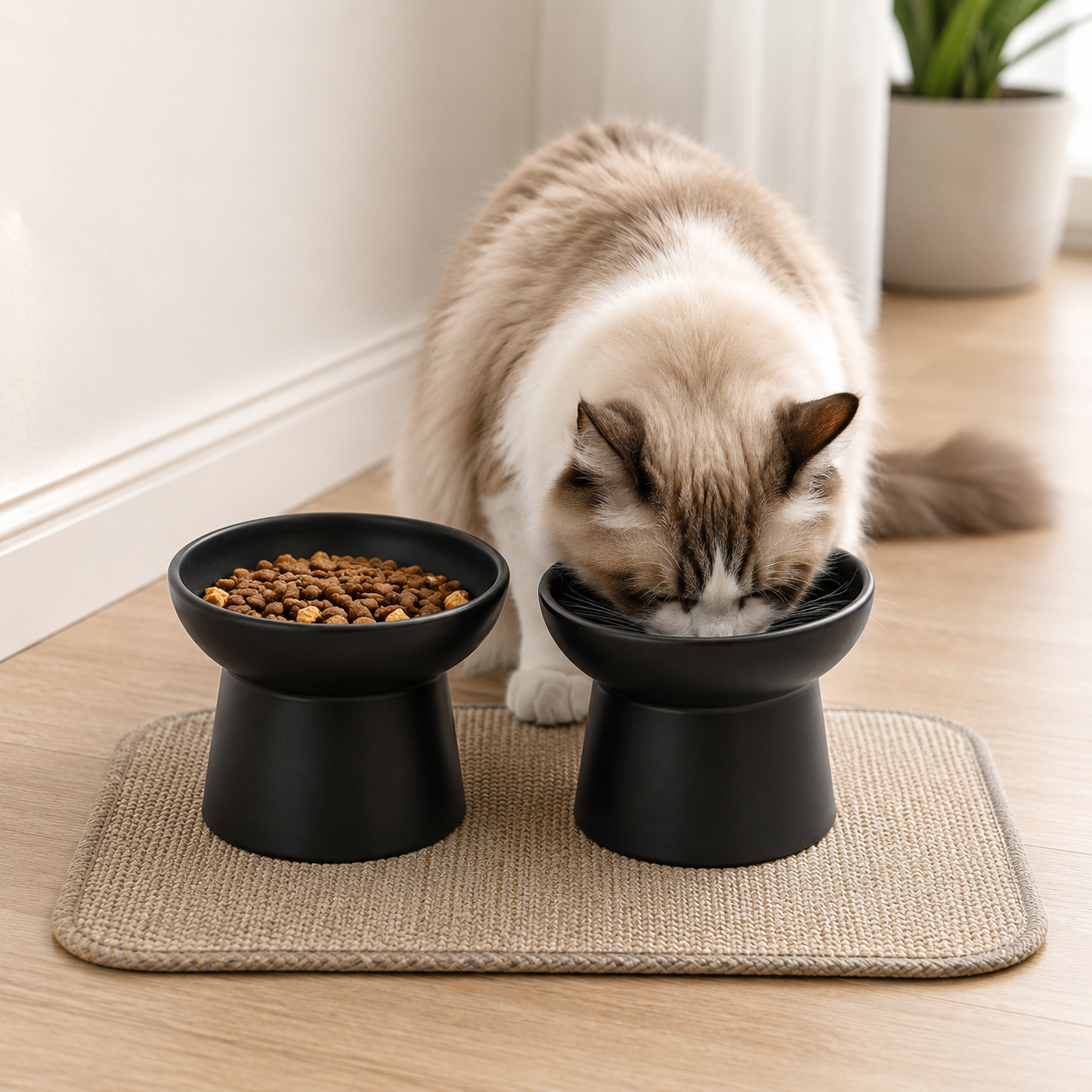 A fluffy beige and white cat is eating from two black elevated bowls placed on a woven mat on a light wood floor. A potted plant is visible in the background near a white curtain.