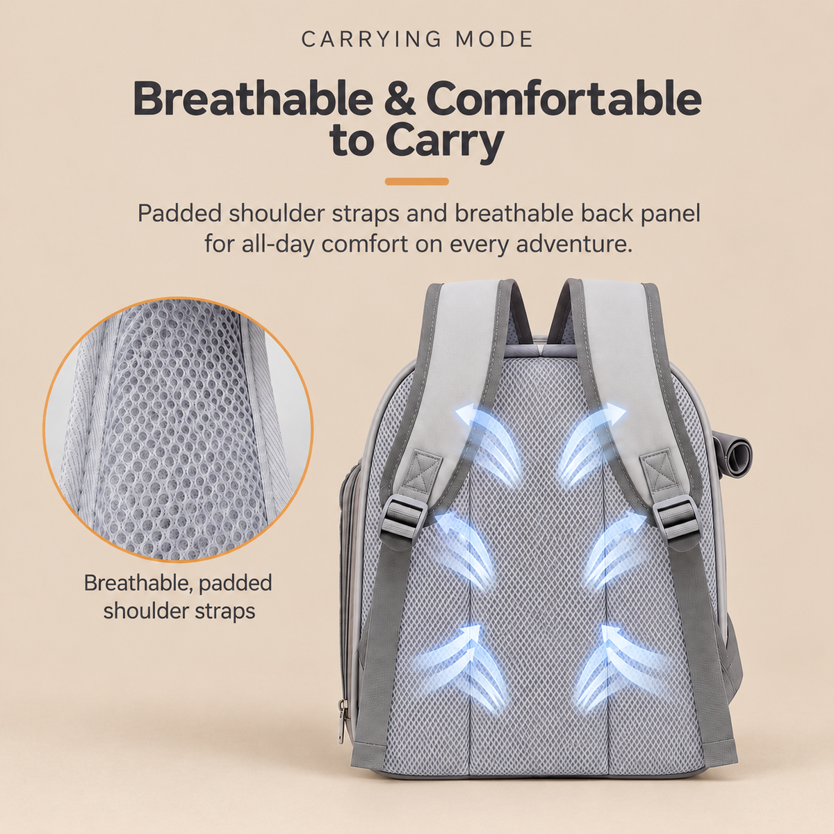 A gray mesh cat backpack shown from the back on a beige background, with text highlighting breathable padded shoulder straps and a breathable back panel. A circular inset zoom shows the mesh detail, and glowing blue arrow graphics indicate airflow on the back panel.